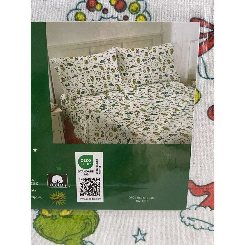 4 Pc Dr. Seuss The Grinch QUEEN Size Cotton Flannel Sheet Set Christmas Soft NEW